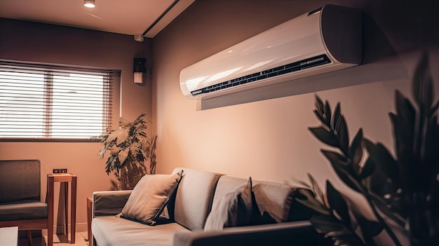 Air conditioning unit in the living room above the sofa Created with AI