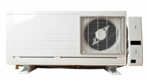 An air conditioning unit with a bird on the fan