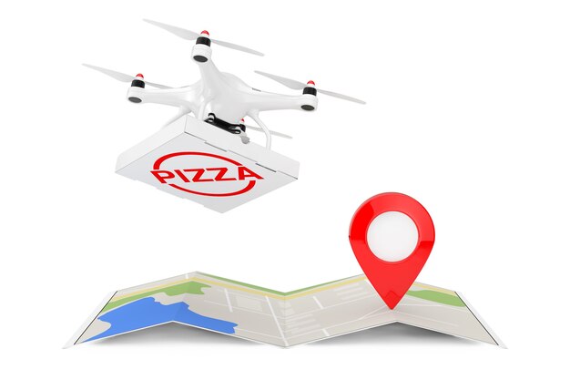 Air Drone leveren Pizza Boxover gevouwen abstracte navigatiekaart met kaart aanwijzer Narget Pin op een witte achtergrond 3D-Rendering