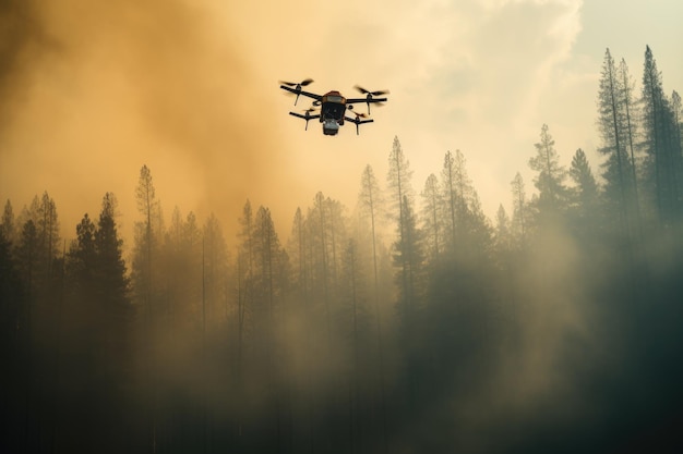 Photo air firefighting with drone of wildfire in forest