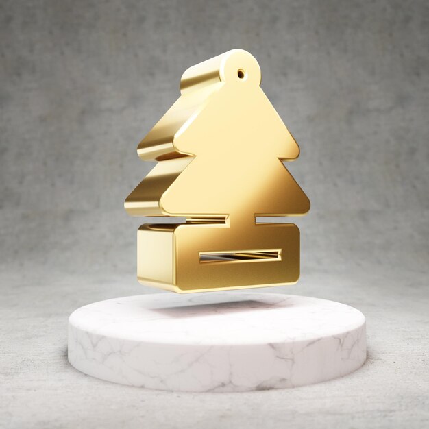 Photo air freshener icon. gold glossy air freshener symbol on white marble podium. modern icon for website, social media, presentation, design template element. 3d render.