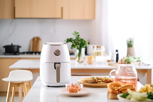 air fryer appliance is on white marble table in nice interior design kitchen dinning room of house Generative Ai