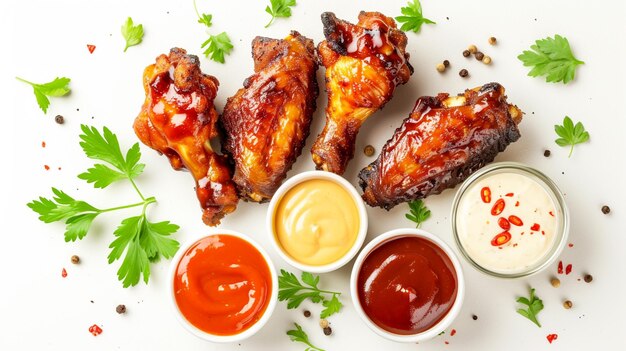 Photo air fryer chicken wings glazed with hot chilli sauce and served with different sauces generative ai