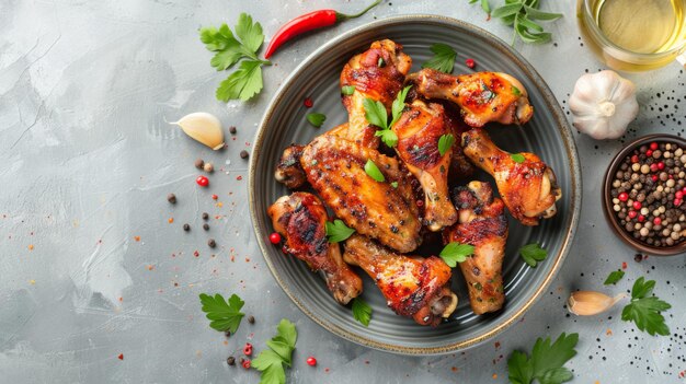 Photo air fryer drummet chicken wing with garlic and pepper in a platehealthy oilless cooking menutop view