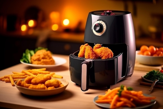 Air fryer with fried breaded chicken on the table in the kitchen