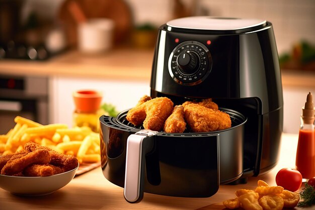 Photo air fryer with fried breaded chicken on the table in the kitchen