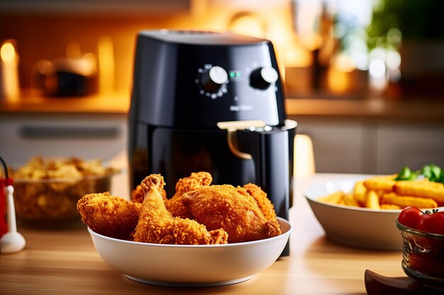 Photo air fryer with fried breaded chicken on the table in the kitchen