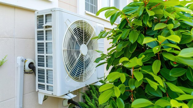 Air heat pump for cooling or heating a house on the wall of a building