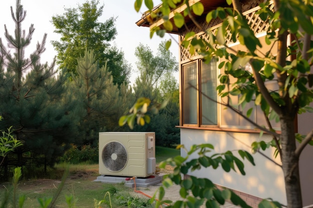 写真 現代住宅の近くの空気熱ポンプ