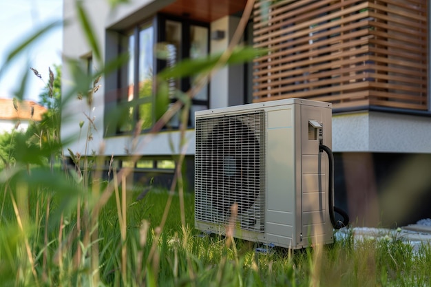 Air heat pump near modern house