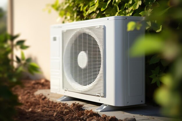 Air heat pump standing outdoors Modern environmentally friendly heating Save your money with air pump Air source heat pumps are efficient and renewable source of energy Generative AI