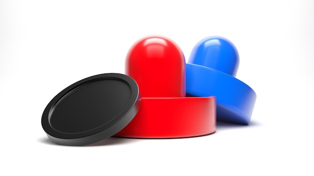 Air hockey red and blue handles and black puck isolated on white 3d render