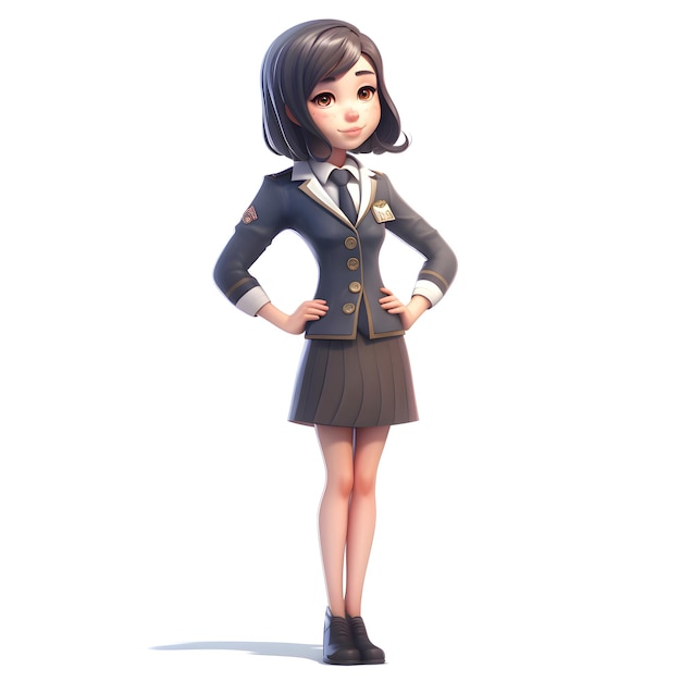 Air hostess 3D illustration with a cute cartoon girl