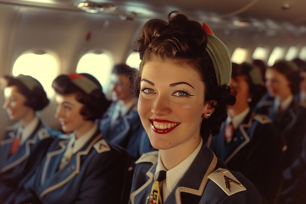 Foto l'assistente di volo e il personale di cabina di un aereo sorridono alla telecamera