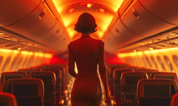 Air hostess checking empty aircraft and checking seats and chairs before flight