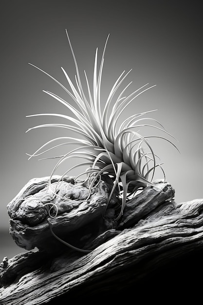 Air Plant on a Driftwood Monochromatic Scheme Fisheye Effect Hyper Realistic Illustration Photo Art