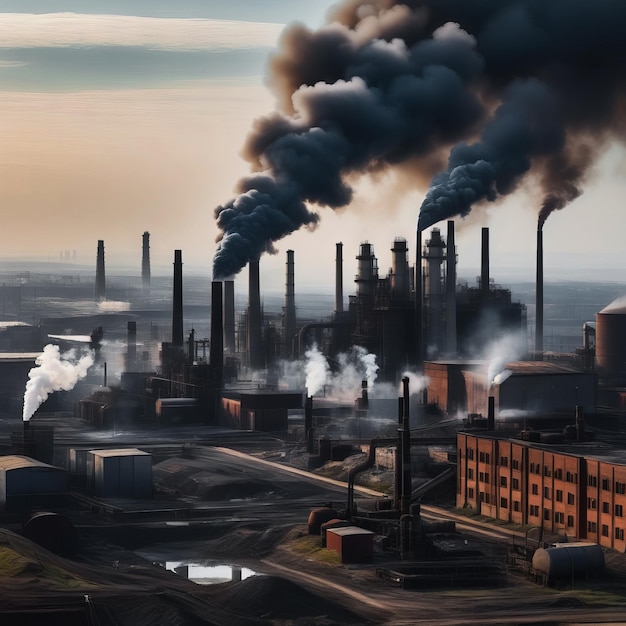 Photo air pollution by smokestack out of factory chimneys into atmosphere industrial city landscape