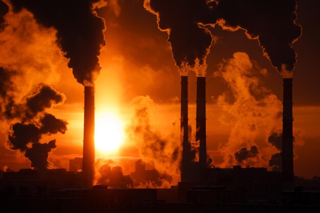 Air pollution and global warming smoking chimneys of thermal power plant at sunset in winter city