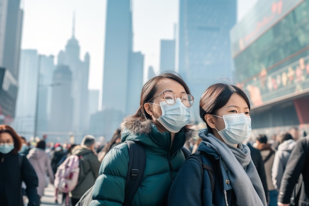 Foto l'inquinamento atmosferico è la città dove le persone indossano le maschere