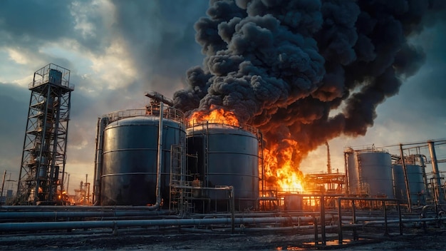 煙突から膨大な煙が上がる石油化学工場の空気汚染