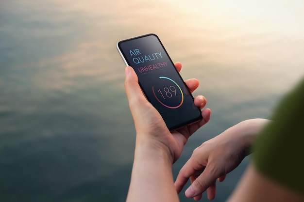 Air Pollution Weather and Environment Issue Concept Woman Using Mobile Phone to Check Air Quality as Unhealthy at the Riverside Top View