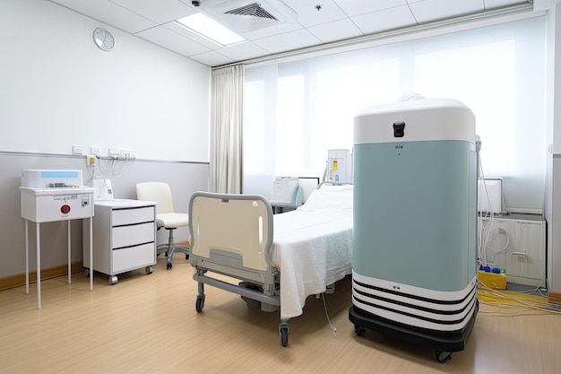 Photo air purifier in hospital room providing clean and fresh air for patients created with generative ai
