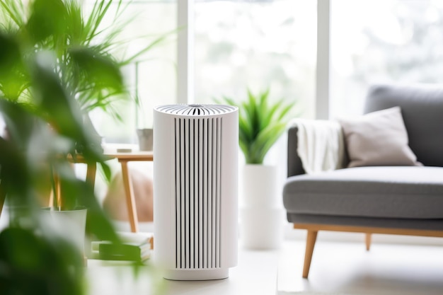 Air purifier in living room show air pollution levels in the room Protect PM 25 dust Human Health and Technology concept Fresh air