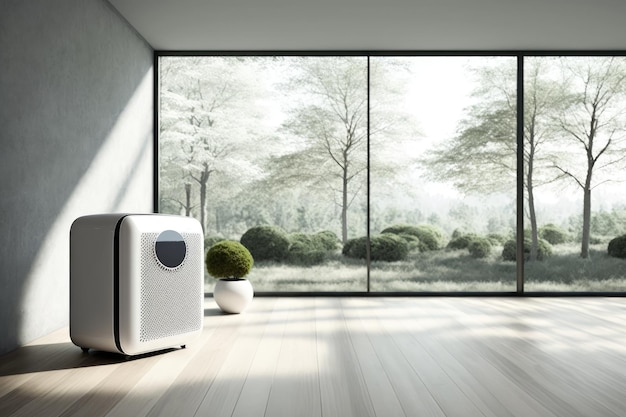 Air purifier in room with view of the outside creating a peaceful and tranquil environment