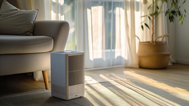 Air purifier running in a sunny living room
