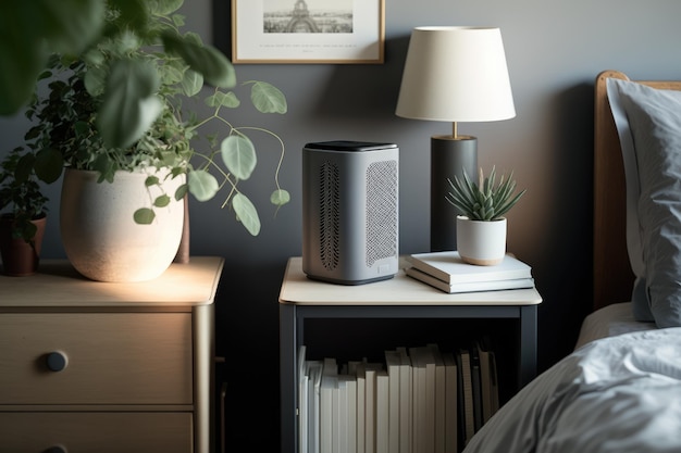 Air purifier surrounded by plants and books in quiet bedroom created with generative ai