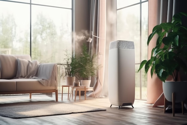 Air purifier in white workplace room with filter for cleaner removing Created with Generative Ai Technology