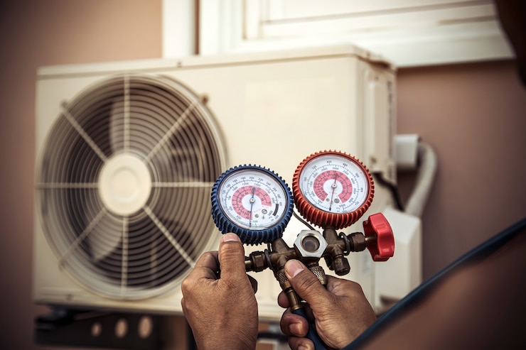 Photo air repair mechanic using measuring pressure gauge equipment for filling home air conditioner.