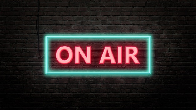 On air sign emblem in neon style on brick wall background