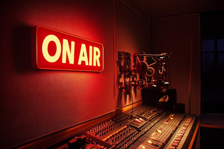 Photo on air signage in radio broadcasting studio