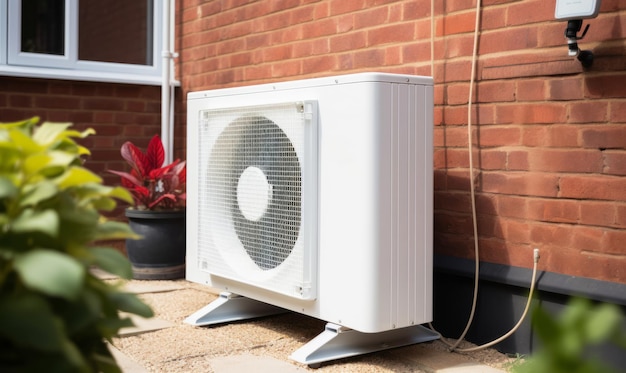 An air source heat pump heating unit installed on the outside of a house