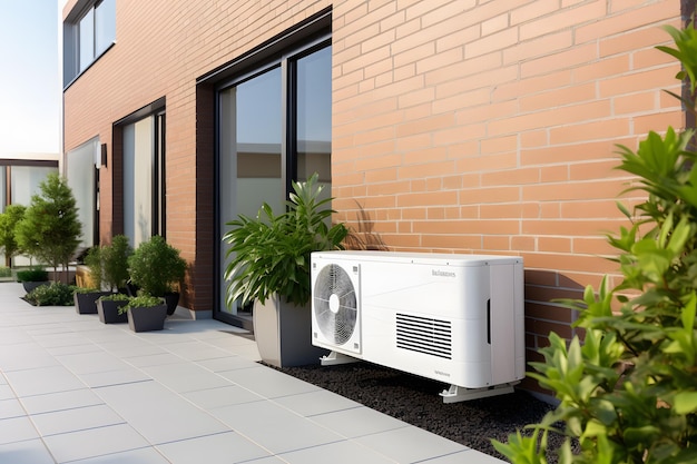 Air source heat pump installed in residential building Sustainable and clean energy at home