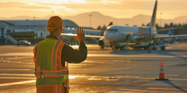 An air traffic controller guiding planes on the tarmac with hand signals