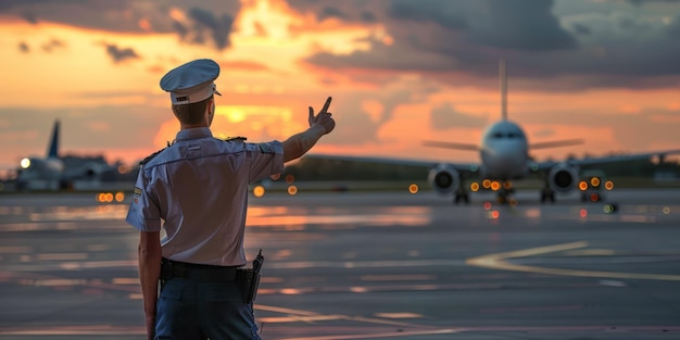 Foto un controllore del traffico aereo che guida gli aerei sulla pista con segnali manuali