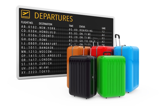 Концепция путешествия по воздуху. Большие разноцветные чемоданы из поликарбоната возле таблицы вылета аэропорта на белом фоне. 3D-рендеринг.