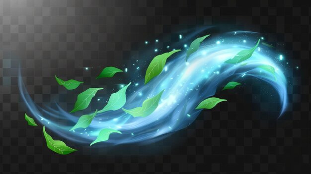 Photo an air or wind vortex path accompanied by green leaves a glow swirl trail accompanied by menthol breath or detergent is isolated on a transparent background