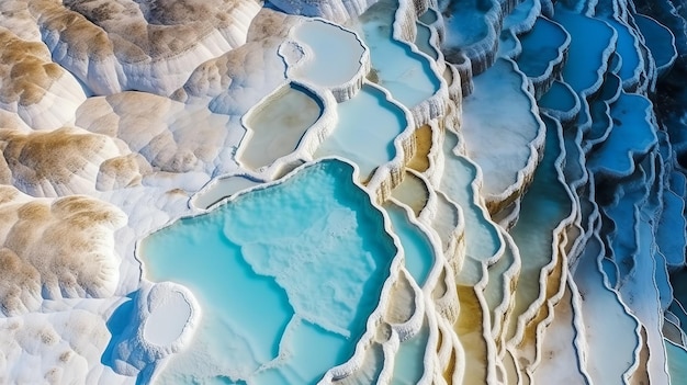 Airborne beat see Pamukkale Turkey travertine pools nature yards with blue water Creative resource AI Generated