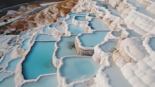 Airborne beat see Pamukkale Turkey travertine pools nature yards with blue water Creative resource AI Generated