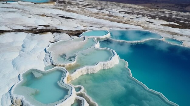 Airborne beat see Pamukkale Turkey travertine pools nature yards with blue water Creative resource AI Generated