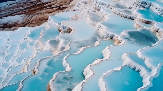 Airborne beat see Pamukkale Turkey travertine pools nature yards with blue water Creative resource AI Generated