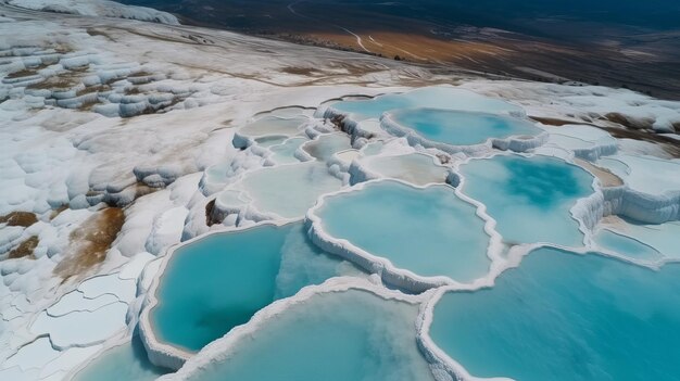 Airborne beat zie Pamukkale Turkije travertijn zwembaden natuurwerven met blauw water Creatieve bron AI Gegenereerd