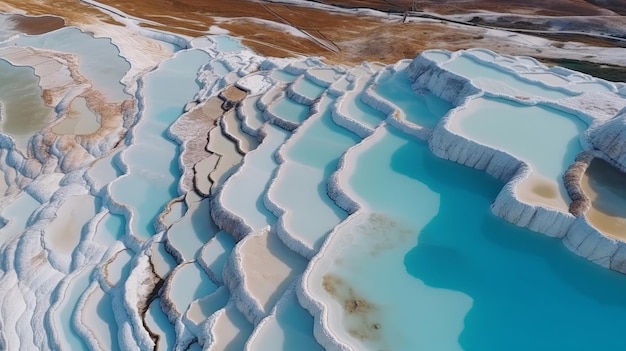Airborne best see Pamukkale Turkey travertine pools nature patios with blue water AI Generated