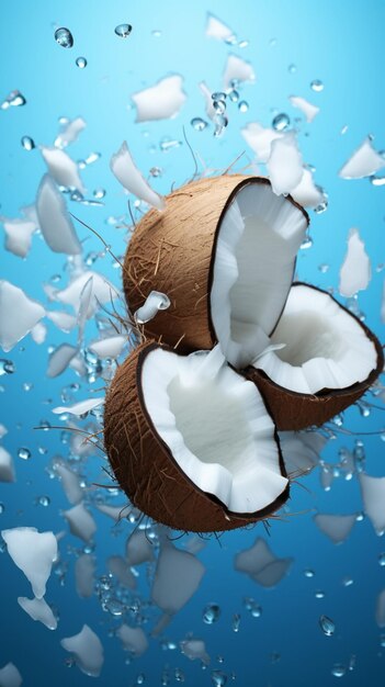 Фото Фрагменты кокоса в воздухе на безмятежном синем пастельном фоне создают захватывающую сцену verti
