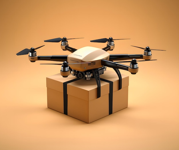 An airborne drone carrying a cardboard box