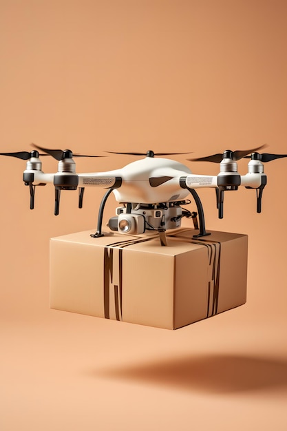 An airborne drone carrying a cardboard box