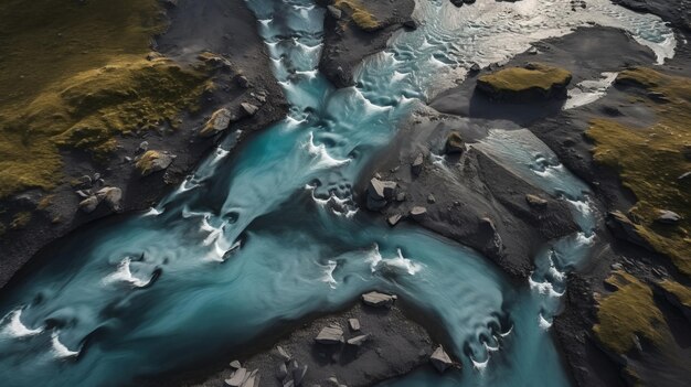 Airborne foto van een IJslandse stream AI gegenereerd